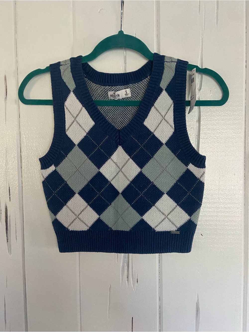 Hollister Navy, Light Gray & White Argyle V-Neck Sweater Vest Crop